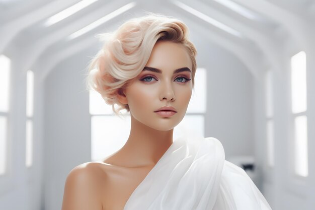 una mujer con cabello rubio y un paño blanco