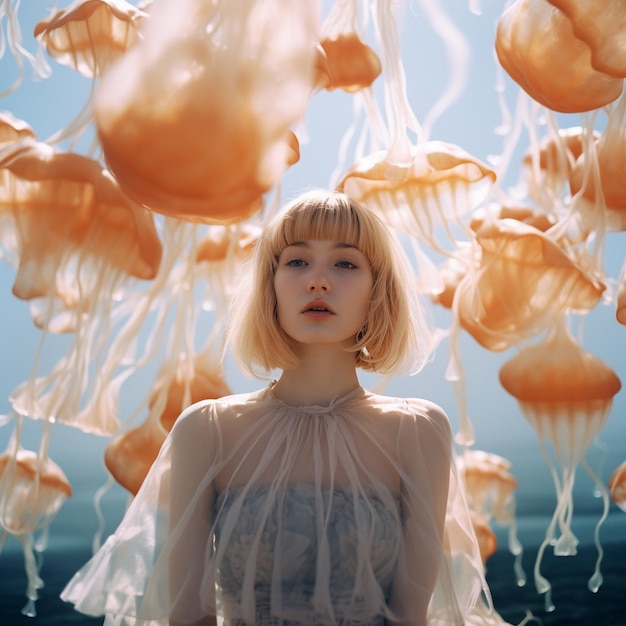 una mujer de cabello rubio de pie frente a un grupo de medusas.