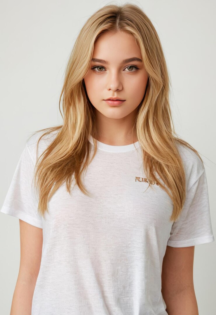 una mujer con cabello rubio que lleva una camisa blanca que dice quot kodak quot