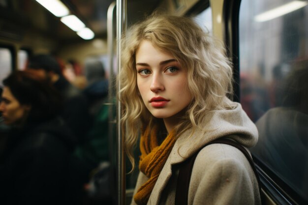 una mujer con cabello rubio sentada en un tren subterráneo
