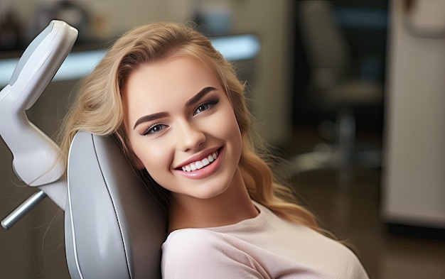 Una mujer con cabello rubio y sombra de ojos azul está sentada en una silla con una sonrisa en la cara.