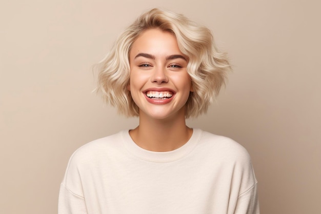 Una mujer con cabello rubio sonríe y usa un suéter blanco.