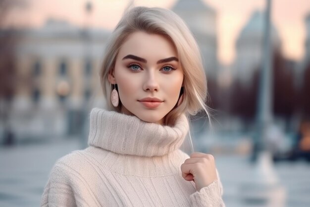 Una mujer con cabello rubio y un suéter blanco.