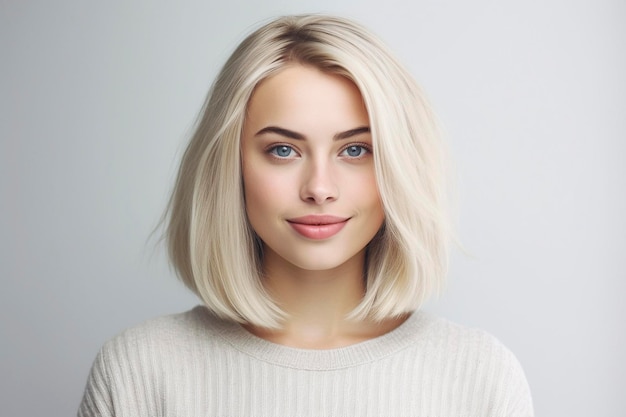 Una mujer con cabello rubio y un suéter blanco.