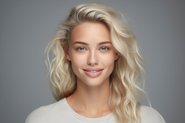 Una mujer con cabello rubio y un suéter blanco.