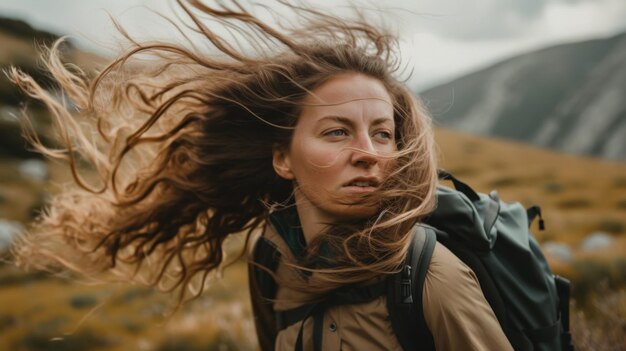 Una mujer con el cabello soplando en el viento Imagen de IA generativa