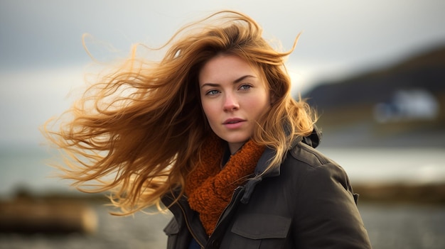 Una mujer con el cabello soplando en el viento