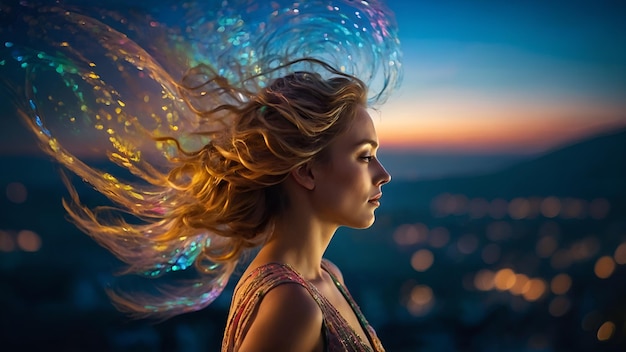 una mujer con el cabello soplando en el viento