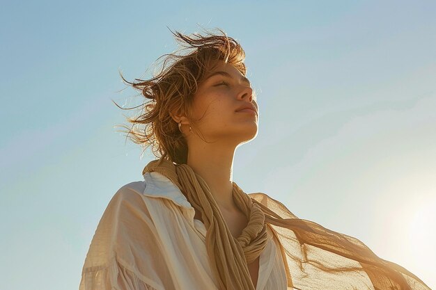 Foto una mujer con el cabello soplando en el viento