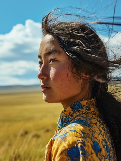 Una mujer con el cabello soplando en el viento