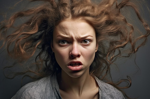 una mujer con el cabello soplando en el viento