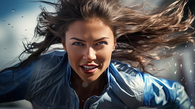 una mujer con el cabello soplando en el viento