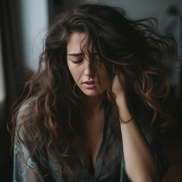 una mujer con el cabello soplando en el viento