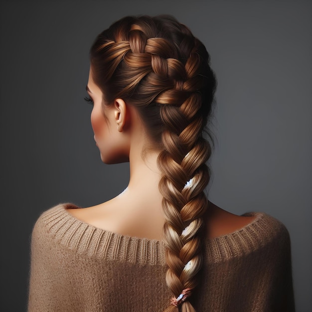 Mujer con el cabello trenzado en fondo gris vista trasera