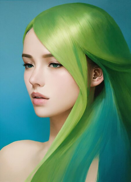 una mujer con cabello verde y un cabello verde con un fondo azul