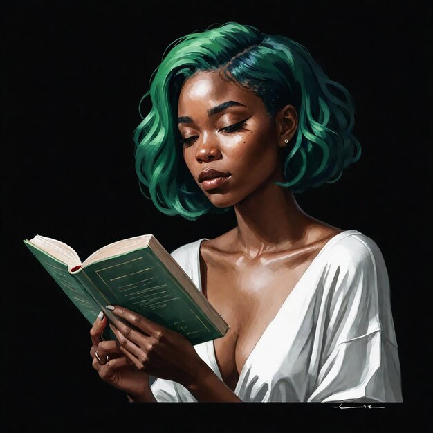 una mujer de cabello verde está leyendo un libro