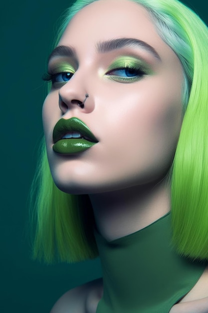 Una mujer con cabello verde y lápiz labial verde.