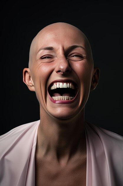 Foto una mujer con cabeza calva y una camisa rosa