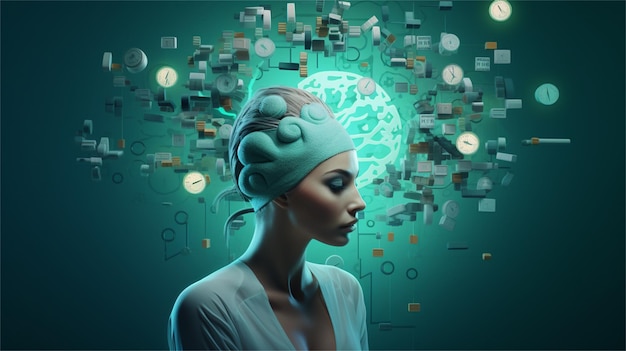 Una mujer con una cabeza de cerebro llena de datos y datos.