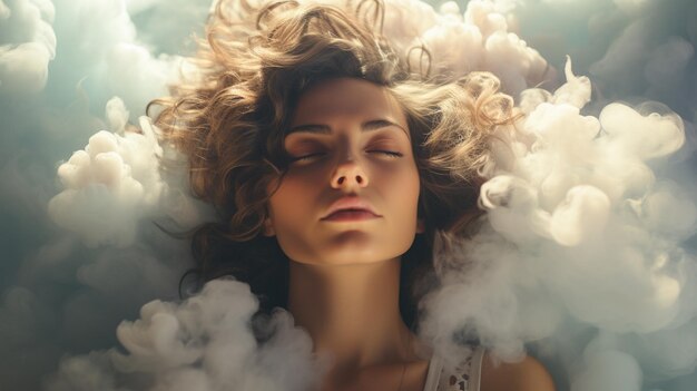Mujer con la cabeza en la nube Depresión soledad y salud mental concepto Generativo Ai