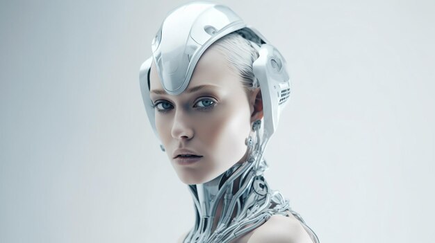 Una mujer con cabeza de robot y casco.