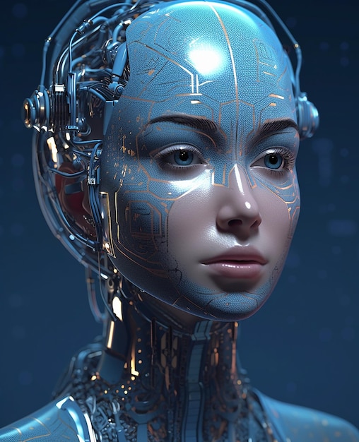 Una mujer con cabeza de robot y fondo azul.