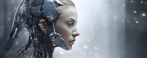 Una mujer con una cabeza de robot y una nariz que dice 'cyberpunk'