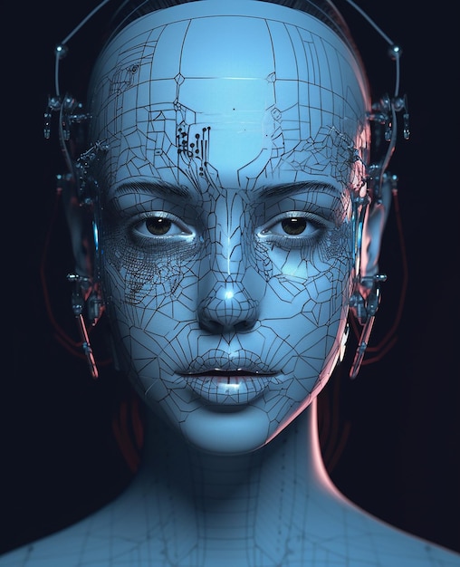 Una mujer con cabeza de robot y la palabra robot en la cara.