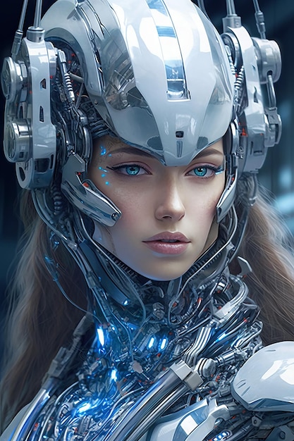 Una mujer con cabeza de robot y la palabra robot en el frente