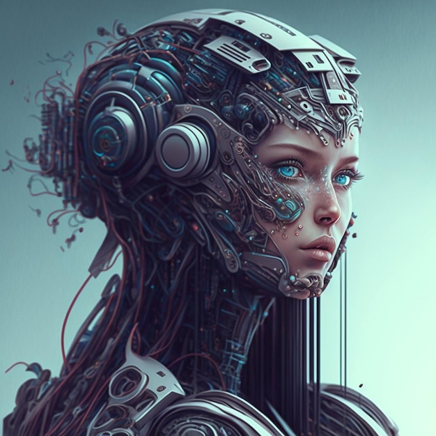 una mujer con una cabeza de robot que tiene muchos cables en ella.
