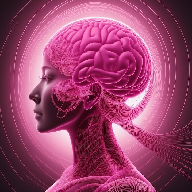 una mujer con una cabeza rosa que dice cerebro en él