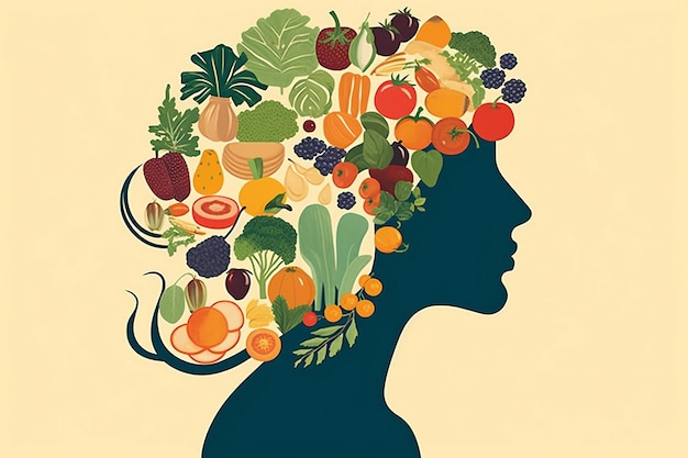 Mujer cabeza saludable salud naturaleza vector silueta persona dieta fondo ilustración comida