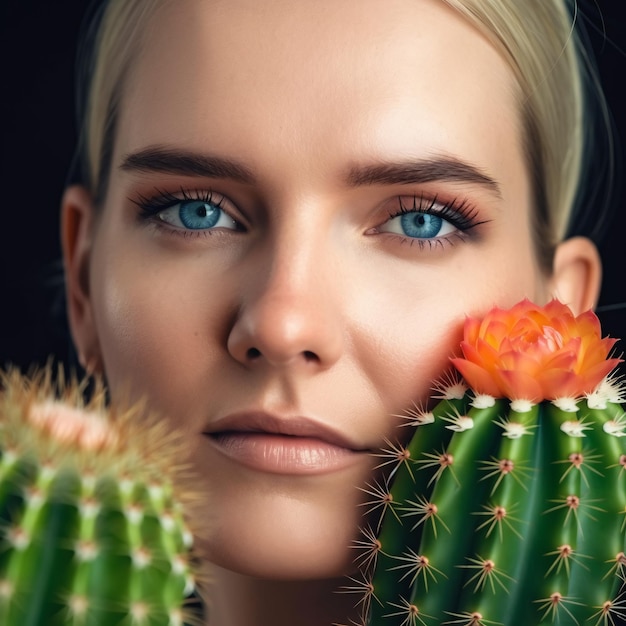 Una mujer con cactus frente a su rostro IA generada IA generativa IA generativa