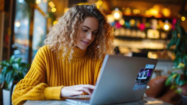 Foto mujer en un café comprando en línea con una computadora portátil