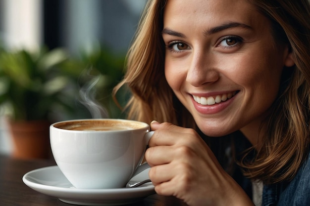 Mujer con café sonriente