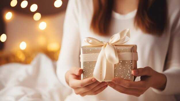 Mujer con una caja de regalo de oro reluciente con cinta blanca