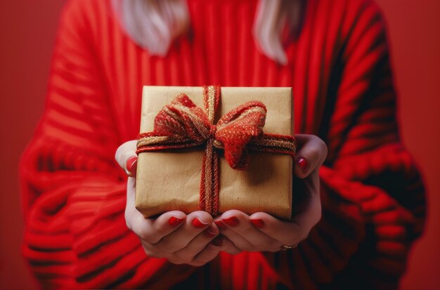 Mujer con una caja de regalos roja