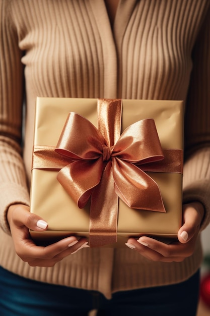 Mujer con una caja de regalos en las vacaciones de Navidad