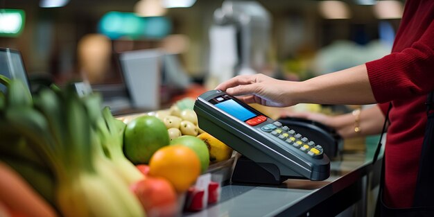 Foto mujer en la caja del supermercado pagando con tarjeta de crédito