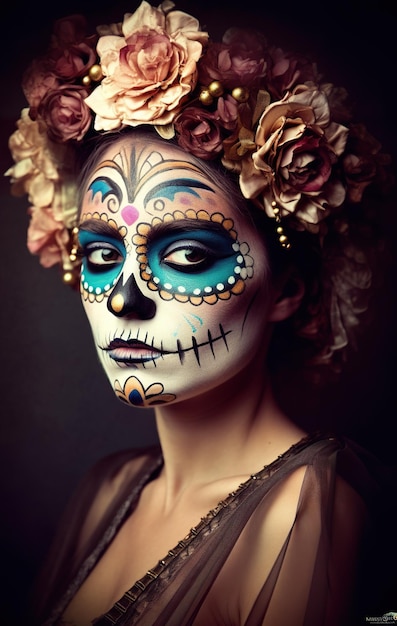 Una mujer con una calavera de azúcar maquillada y flores en el cabello Imagen generativa de IA