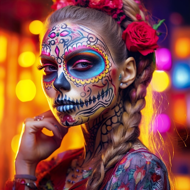 Mujer calavera mexicana maquilla el día de los muertos