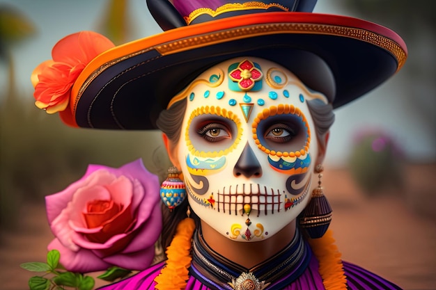 Una mujer con una calavera mexicana pintada en el rostro rodeada de flores