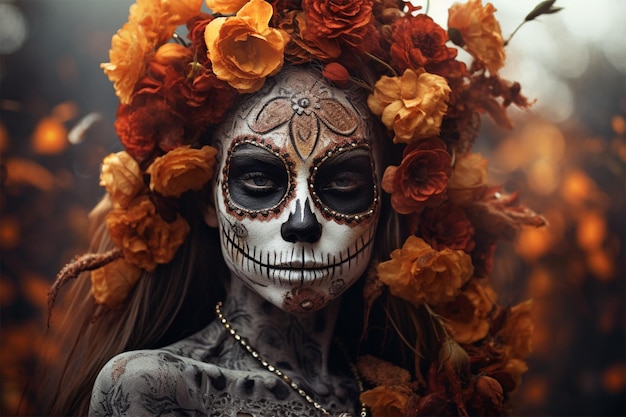 Una mujer con una calavera pintada en la cara.