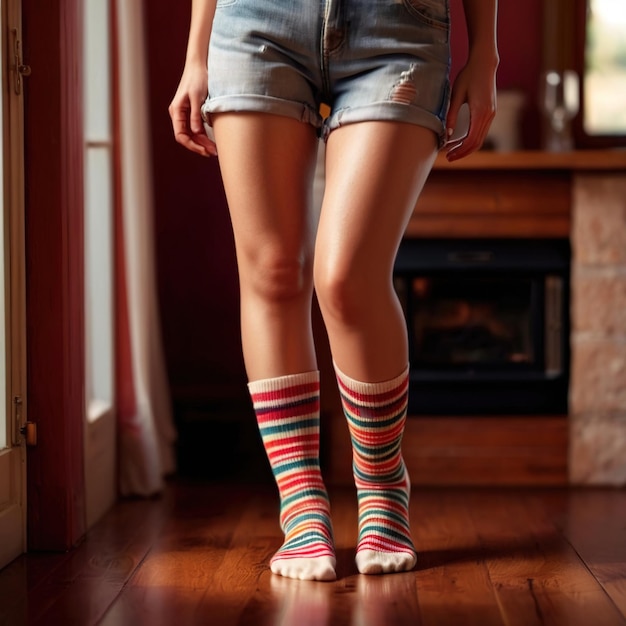 mujer con calcetines sonriendo artículo de ropa de moda