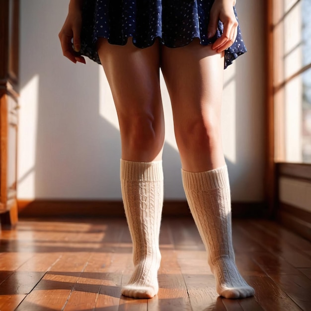 Foto mujer con calcetines sonriendo artículo de ropa de moda