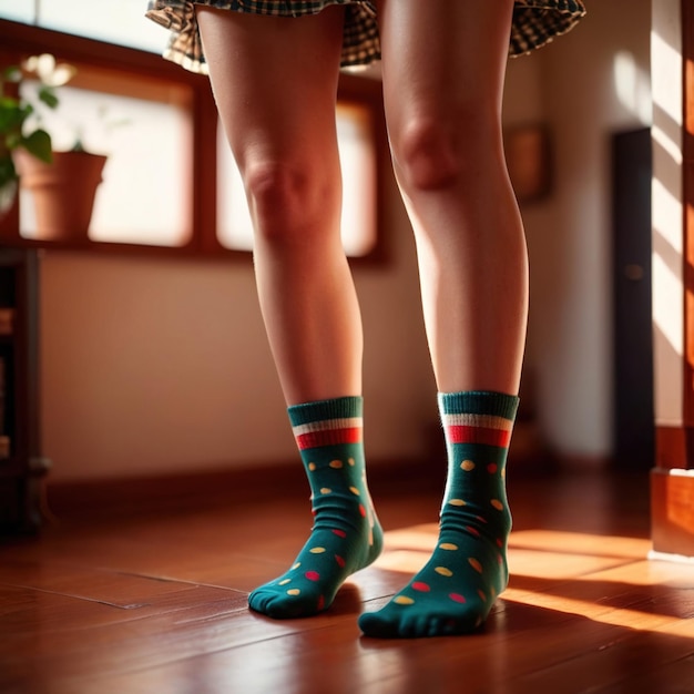 mujer con calcetines sonriendo artículo de ropa de moda