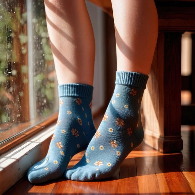 Foto mujer con calcetines sonriendo artículo de ropa de moda