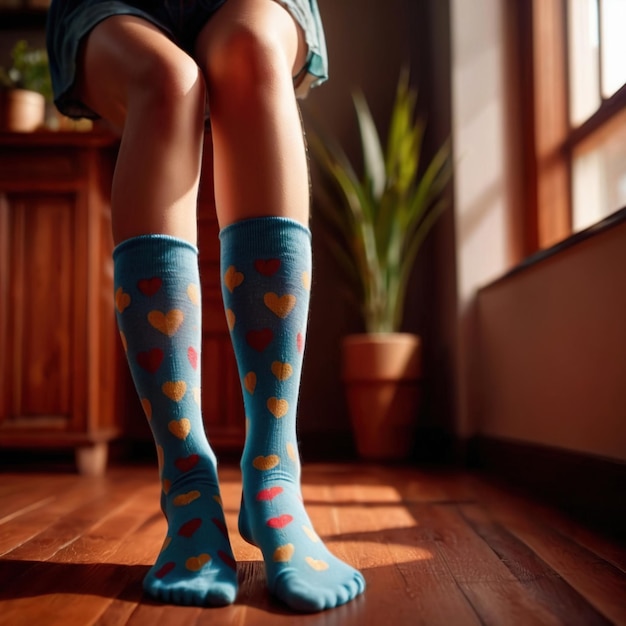 Foto mujer con calcetines sonriendo artículo de ropa de moda