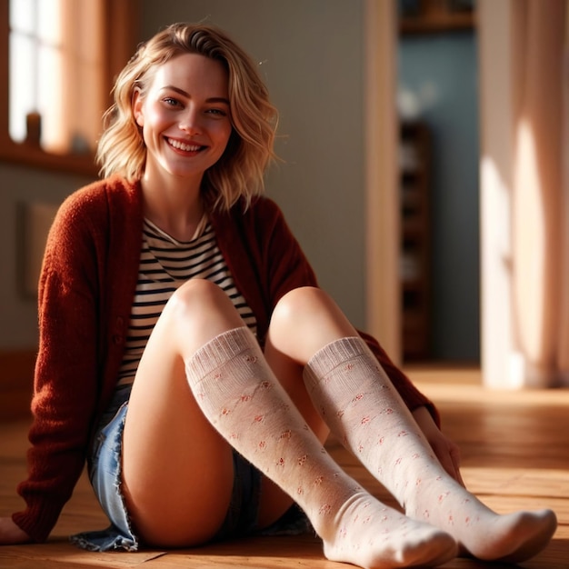 Foto mujer con calcetines sonriendo artículo de ropa de moda