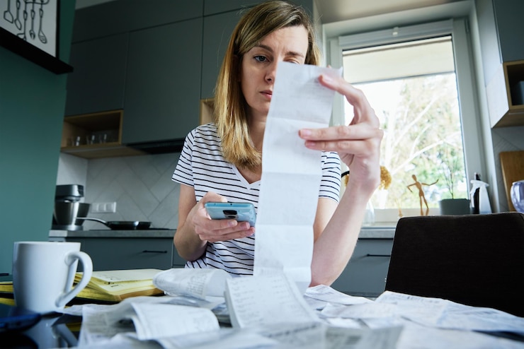 Foto mujer calculando la factura de pago en casa